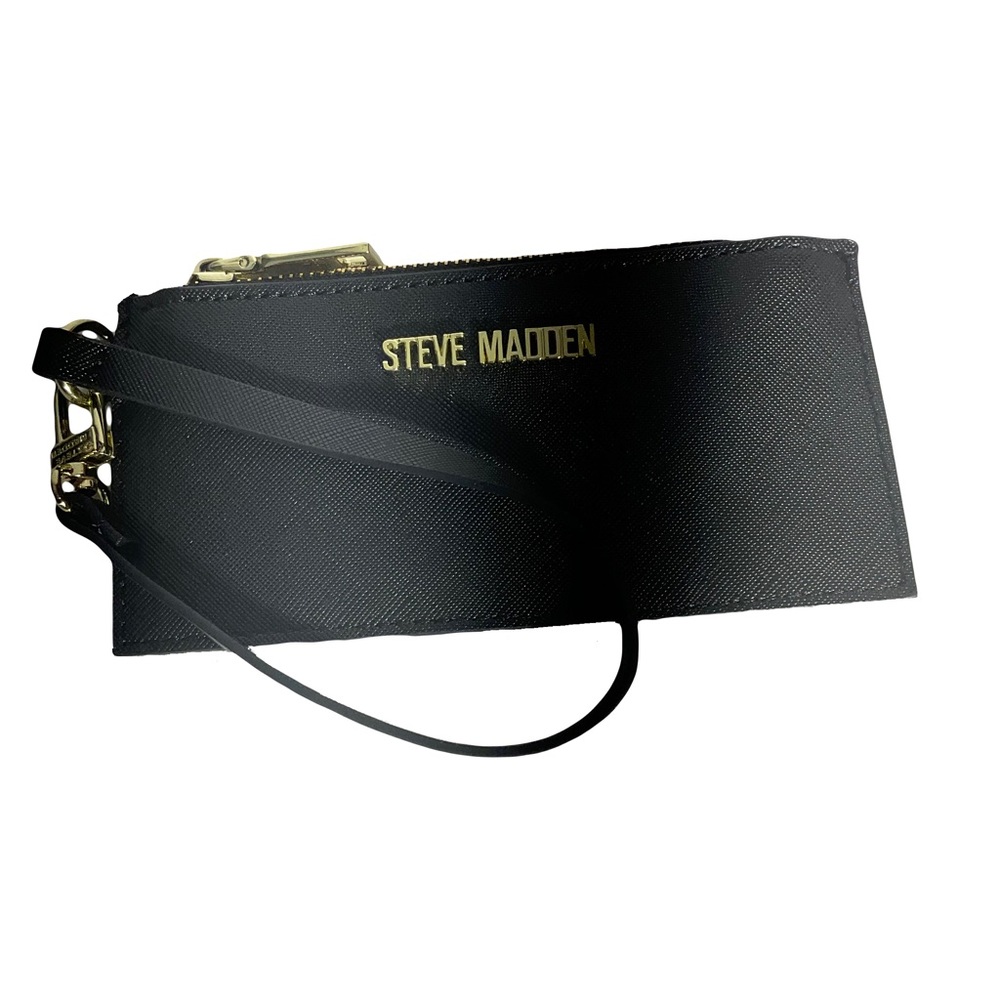 Steve Madden Black Zippered Four Card Wristlet w/Gold Hardware & Faux Gold Logo